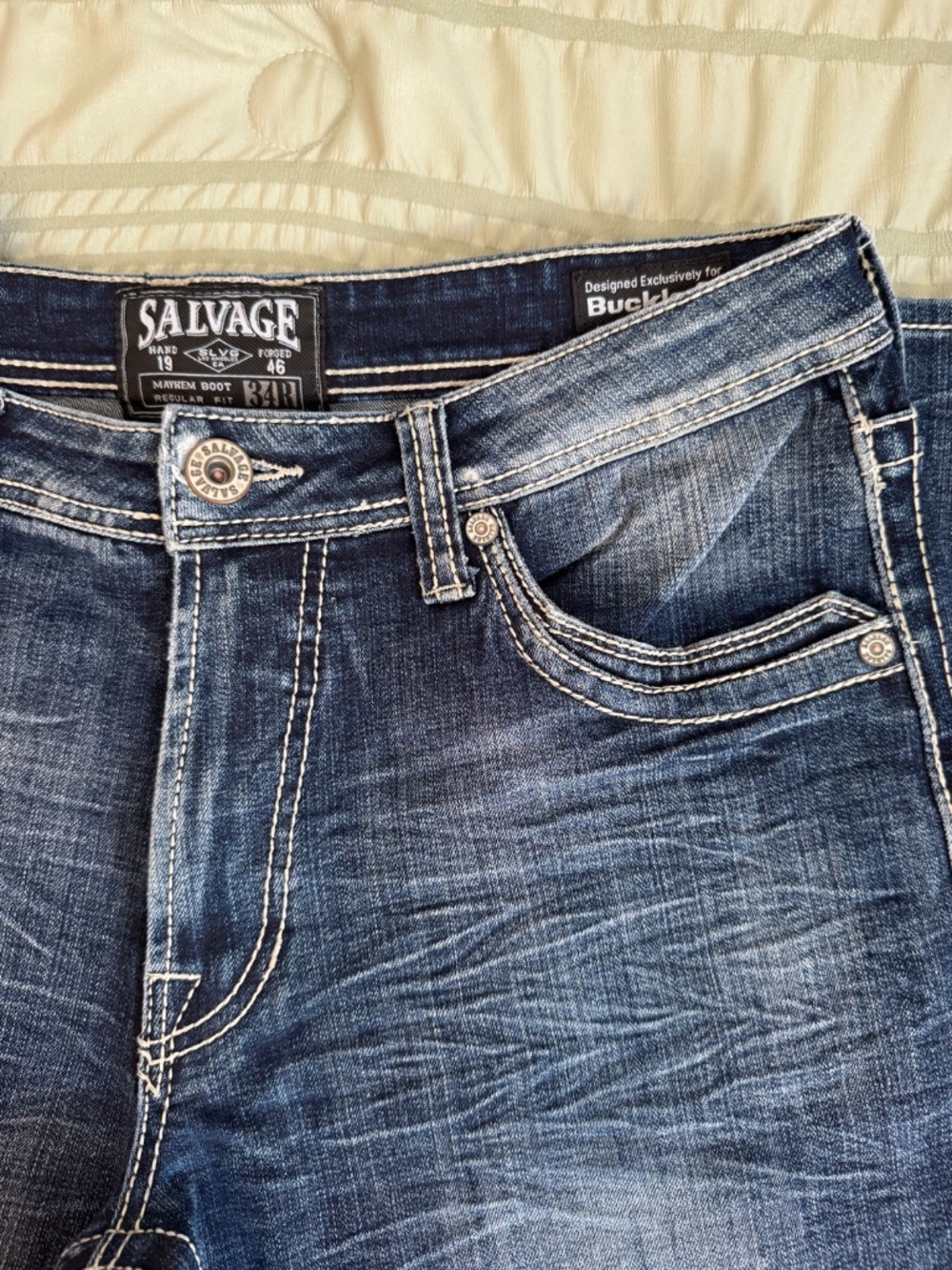 Buckle Salvage SLVG Mayhem Bootcut Jeans Mens 34x33 Distressed Medium Wash - Picture 3 of 5